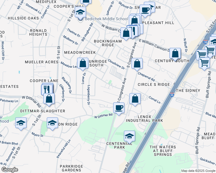 map of restaurants, bars, coffee shops, grocery stores, and more near 204 Meadow Lea Drive in Austin