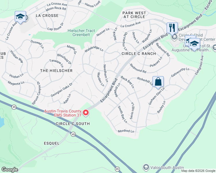 map of restaurants, bars, coffee shops, grocery stores, and more near 6556 Needham Lane in Austin