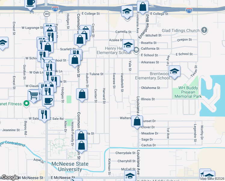 map of restaurants, bars, coffee shops, grocery stores, and more near 3823 Swanee Street in Lake Charles