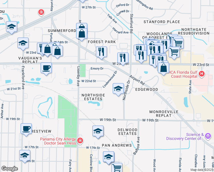 map of restaurants, bars, coffee shops, grocery stores, and more near 1123 Lindenwood Drive in Panama City