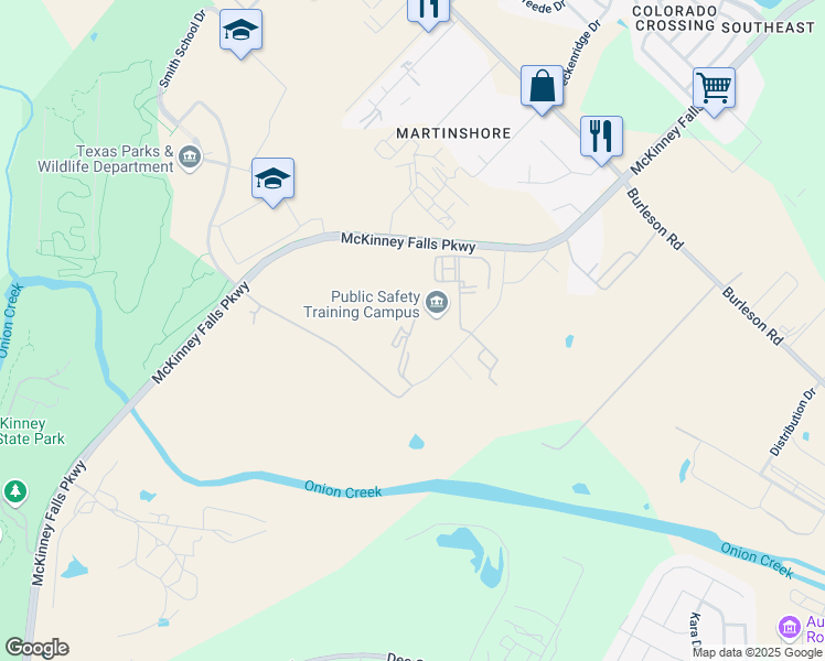 map of restaurants, bars, coffee shops, grocery stores, and more near 4800 Shaw Lane in Austin