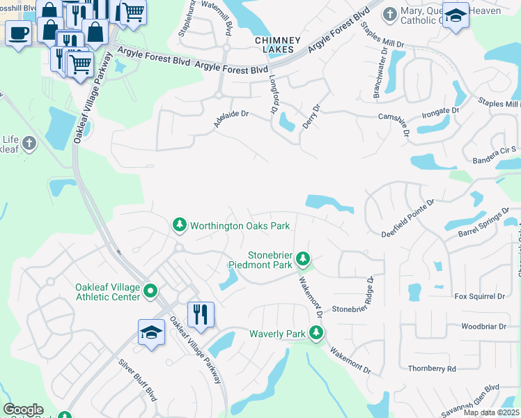 map of restaurants, bars, coffee shops, grocery stores, and more near 3030 Piedmont Manor Drive in Orange Park