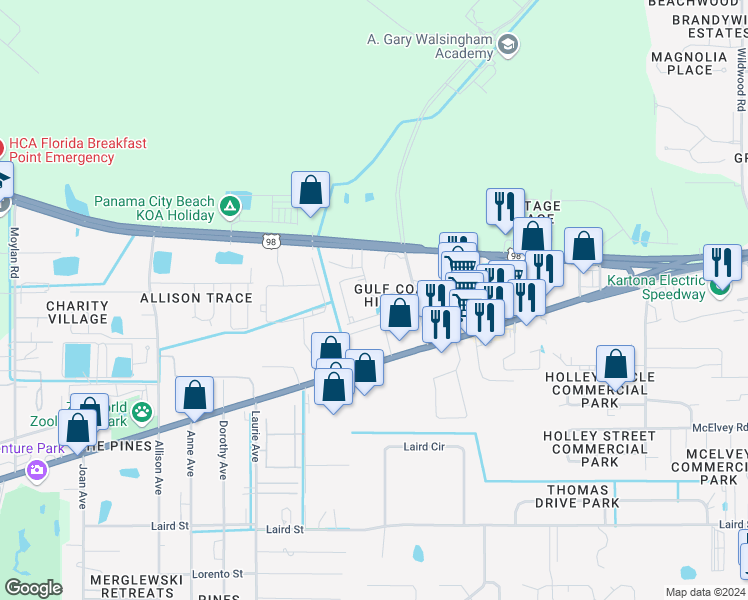 map of restaurants, bars, coffee shops, grocery stores, and more near 1849 Annabellas Drive in Panama City Beach