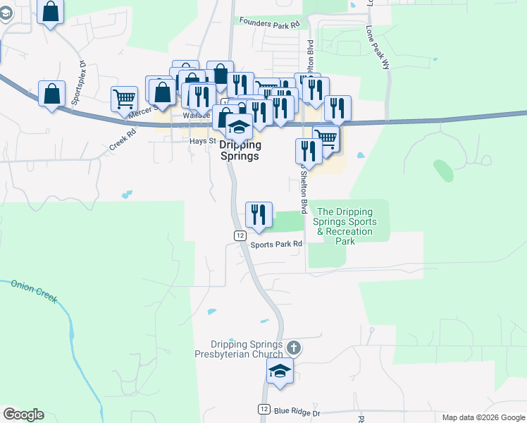 map of restaurants, bars, coffee shops, grocery stores, and more near 260 East Highway 290 in Dripping Springs