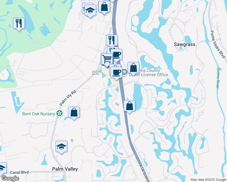 map of restaurants, bars, coffee shops, grocery stores, and more near 50 Fairfield Boulevard in Ponte Vedra Beach