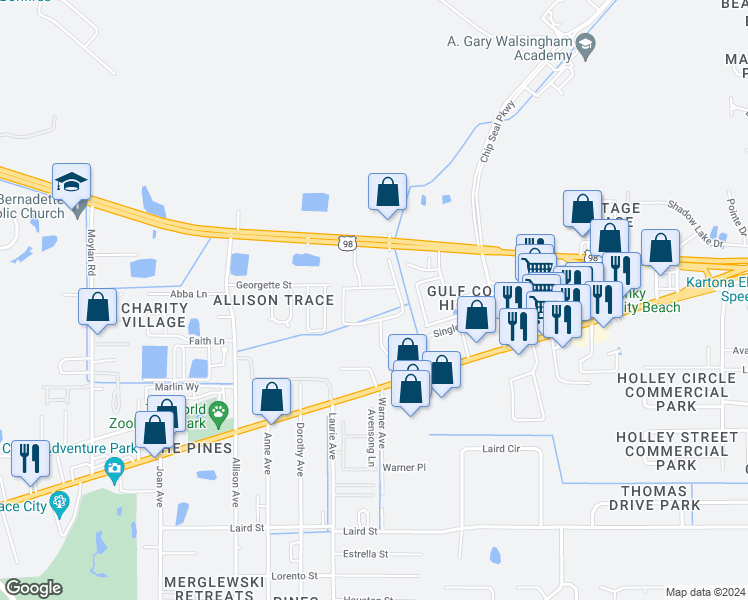 map of restaurants, bars, coffee shops, grocery stores, and more near 1585 North Urban Blu Drive in Panama City Beach