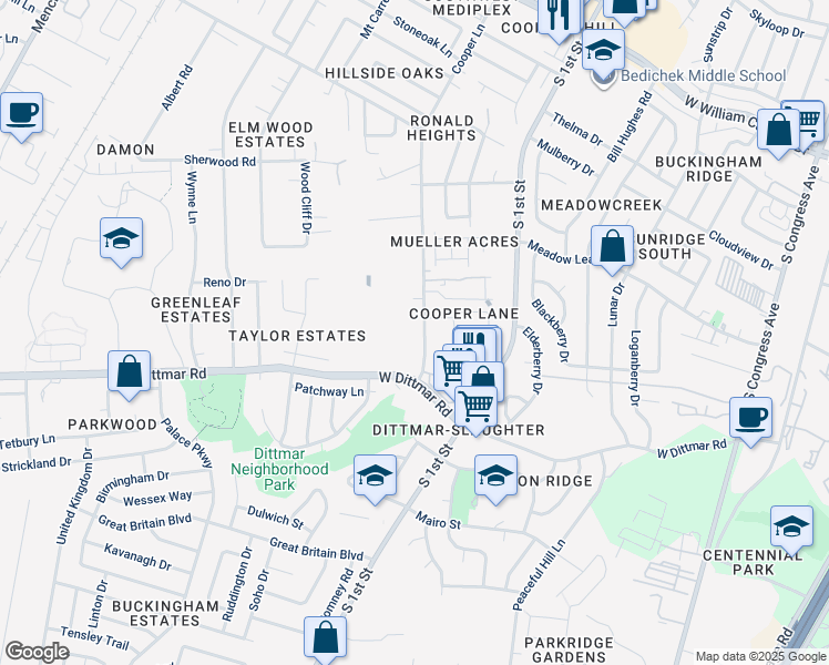 map of restaurants, bars, coffee shops, grocery stores, and more near 7513 Cooper Lane in Austin