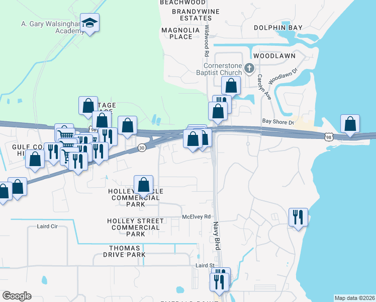 map of restaurants, bars, coffee shops, grocery stores, and more near 7103 U.S. 98 in Panama City Beach