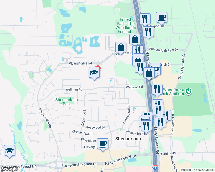 map of restaurants, bars, coffee shops, grocery stores, and more near 1018 Wellman Road in Shenandoah