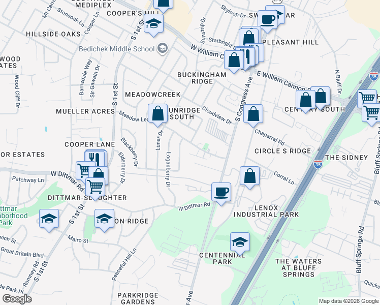 map of restaurants, bars, coffee shops, grocery stores, and more near 204 Meadow Lea Drive in Austin