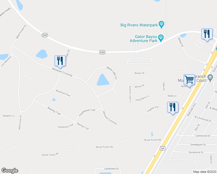 map of restaurants, bars, coffee shops, grocery stores, and more near 24028 Misty Lake Circle in New Caney