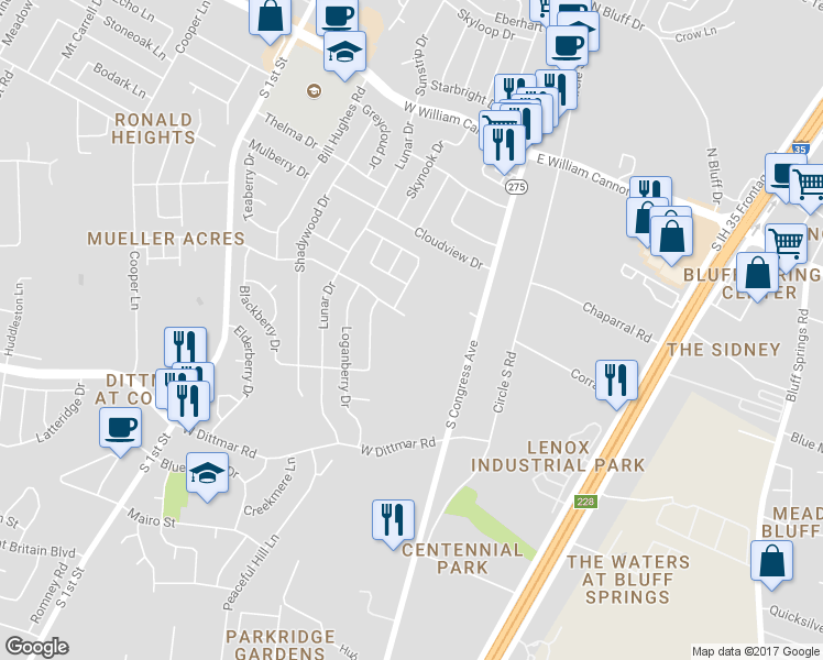 map of restaurants, bars, coffee shops, grocery stores, and more near 204 Meadow Lea Drive in Austin