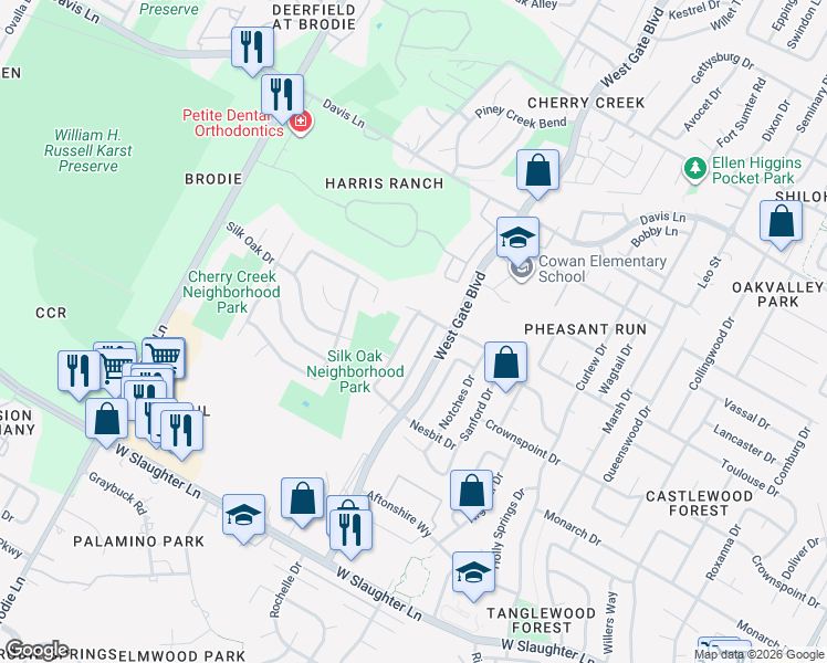 map of restaurants, bars, coffee shops, grocery stores, and more near 9201 Bradner Drive in Austin