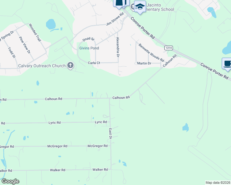 map of restaurants, bars, coffee shops, grocery stores, and more near 15027 Calhoun Road in Conroe