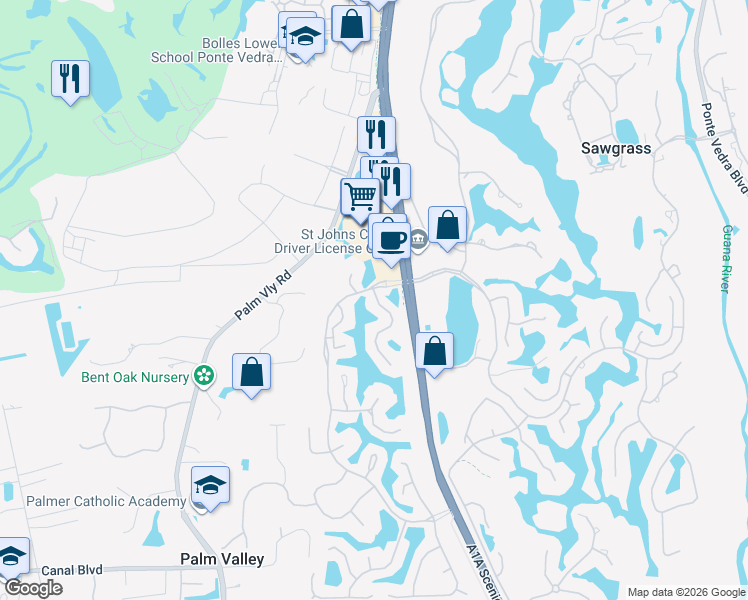 map of restaurants, bars, coffee shops, grocery stores, and more near 50 Fairfield Boulevard in Ponte Vedra Beach
