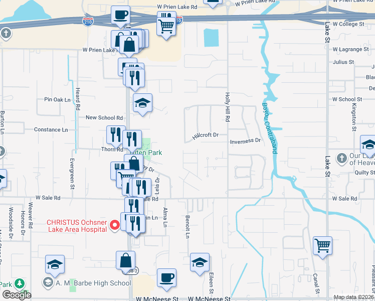 map of restaurants, bars, coffee shops, grocery stores, and more near 1509 Hillcroft Dr in Lake Charles