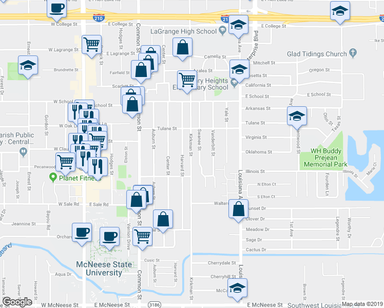 map of restaurants, bars, coffee shops, grocery stores, and more near 3901 Kirkman Street in Lake Charles