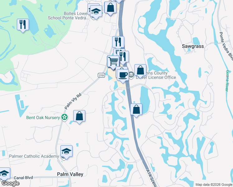 map of restaurants, bars, coffee shops, grocery stores, and more near 50 Fairfield Boulevard in Ponte Vedra Beach