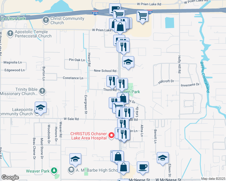 map of restaurants, bars, coffee shops, grocery stores, and more near 3814 Sandra Ln in Lake Charles