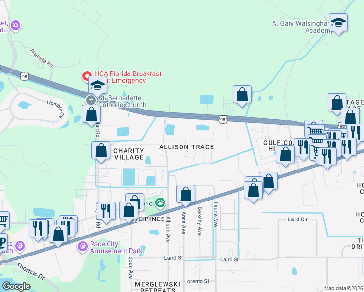 map of restaurants, bars, coffee shops, grocery stores, and more near 8713 Georgette Street in Panama City Beach