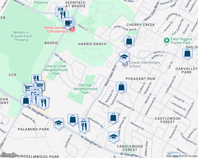 map of restaurants, bars, coffee shops, grocery stores, and more near 9201 Bradner Drive in Austin