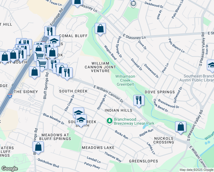 map of restaurants, bars, coffee shops, grocery stores, and more near 2302 East William Cannon Drive in Austin
