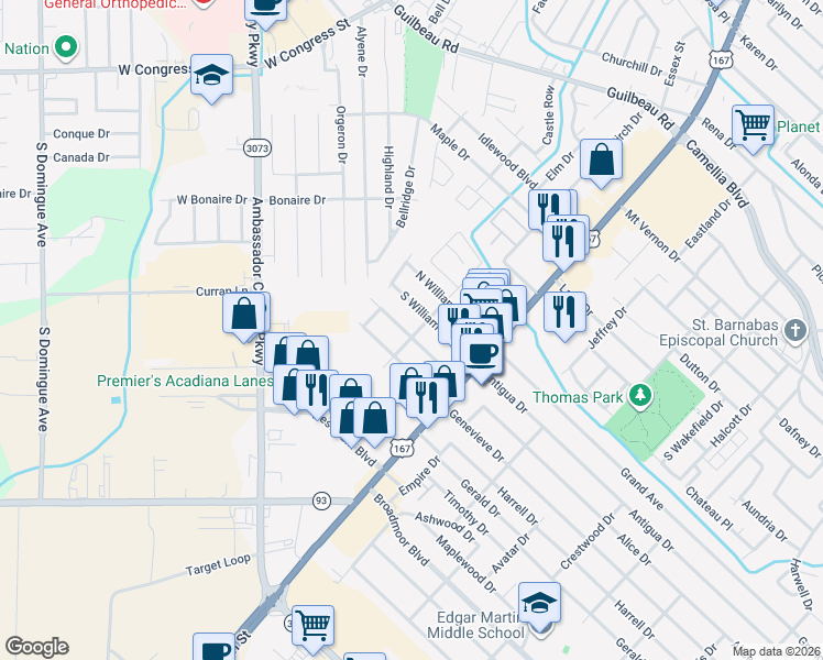 map of restaurants, bars, coffee shops, grocery stores, and more near 201 South William Drive in Lafayette