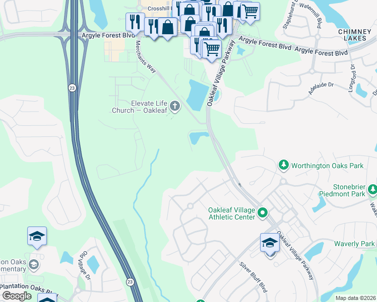 map of restaurants, bars, coffee shops, grocery stores, and more near 3656 Oakworth Court in Orange Park