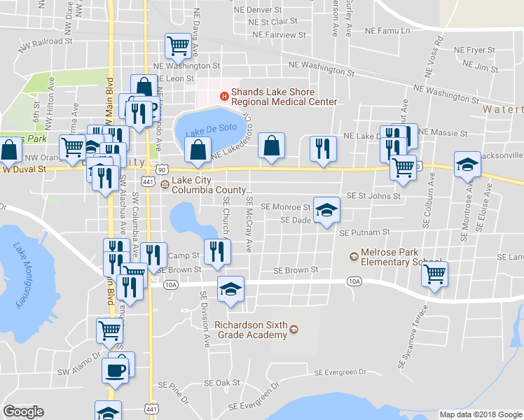 map of restaurants, bars, coffee shops, grocery stores, and more near 506 Southeast Monroe Street in Lake City