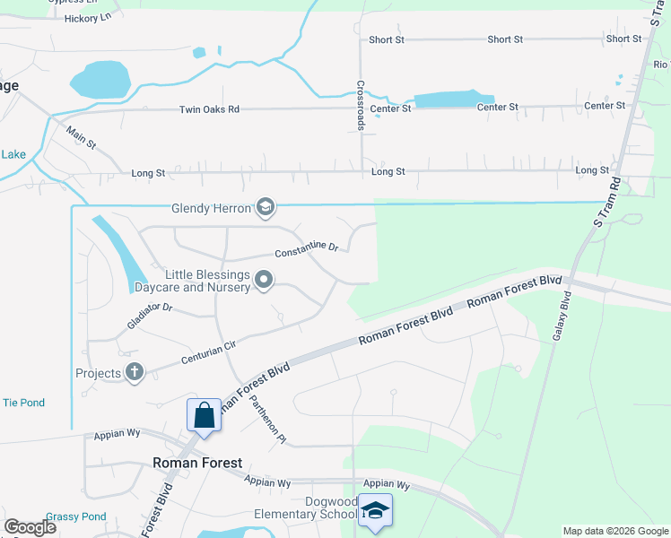 map of restaurants, bars, coffee shops, grocery stores, and more near 2730 Constantine Drive in Roman Forest