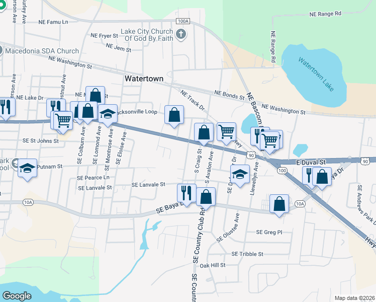 map of restaurants, bars, coffee shops, grocery stores, and more near 157 South James Avenue in Lake City