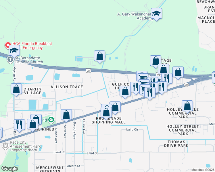 map of restaurants, bars, coffee shops, grocery stores, and more near 1726 Annabellas Drive in Panama City Beach