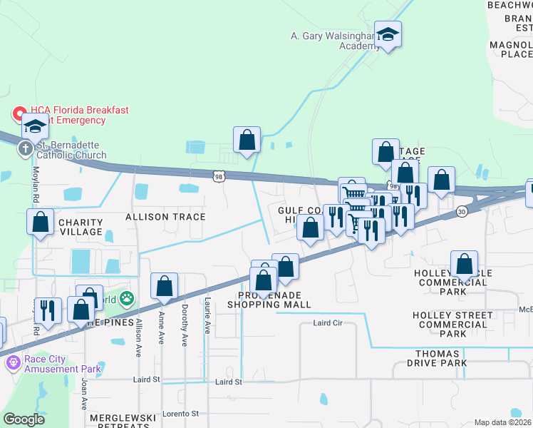 map of restaurants, bars, coffee shops, grocery stores, and more near 1726 Annabellas Drive in Panama City Beach