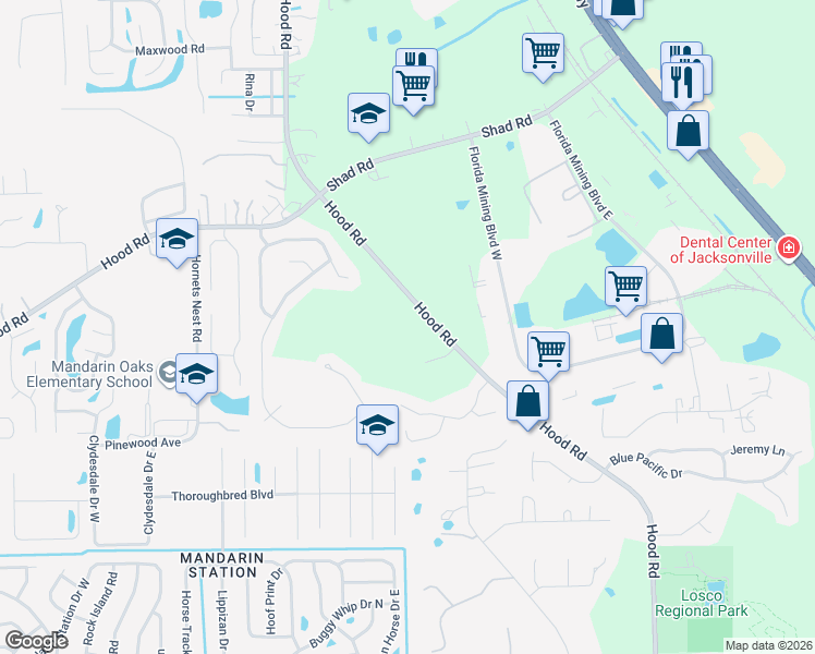 map of restaurants, bars, coffee shops, grocery stores, and more near 10380 Hood Road So in Jacksonville