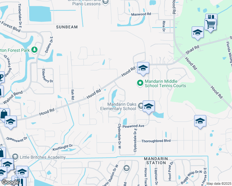 map of restaurants, bars, coffee shops, grocery stores, and more near 10382 Deerfoot Lane North in Jacksonville