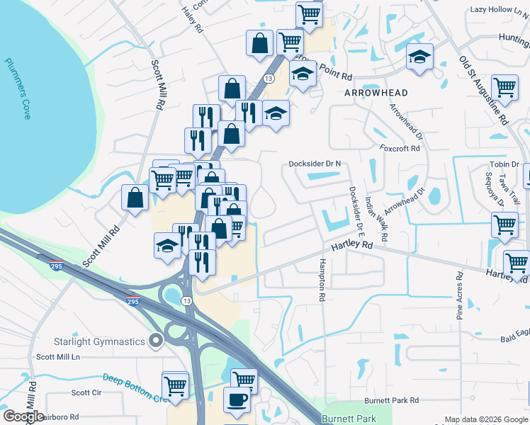 map of restaurants, bars, coffee shops, grocery stores, and more near 10434 Big Tree Circle East in Jacksonville