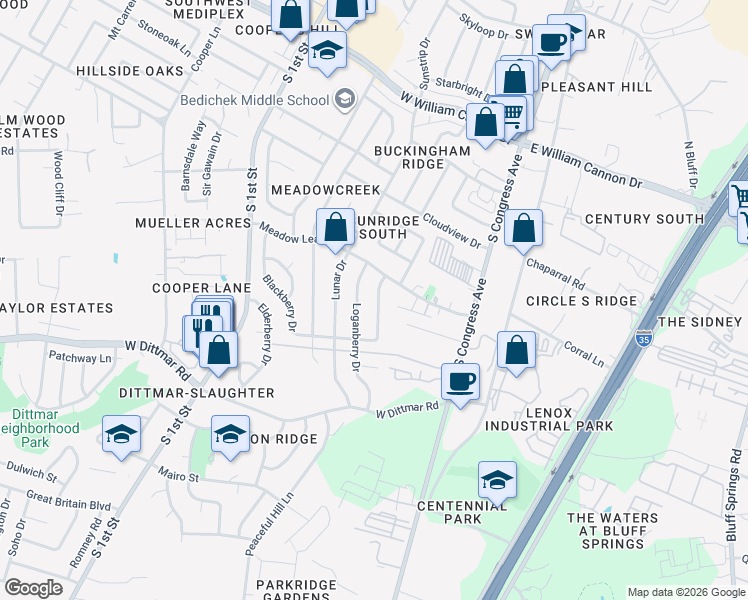 map of restaurants, bars, coffee shops, grocery stores, and more near 7302 Broken Arrow Lane in Austin