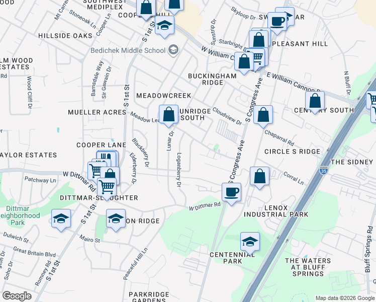map of restaurants, bars, coffee shops, grocery stores, and more near 7302 Broken Arrow Lane in Austin