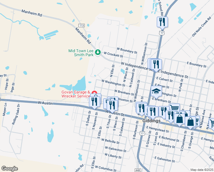 map of restaurants, bars, coffee shops, grocery stores, and more near 440 North Navarro Street in Giddings