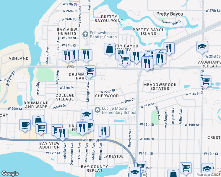 map of restaurants, bars, coffee shops, grocery stores, and more near 2207 Trenton Circle in Panama City