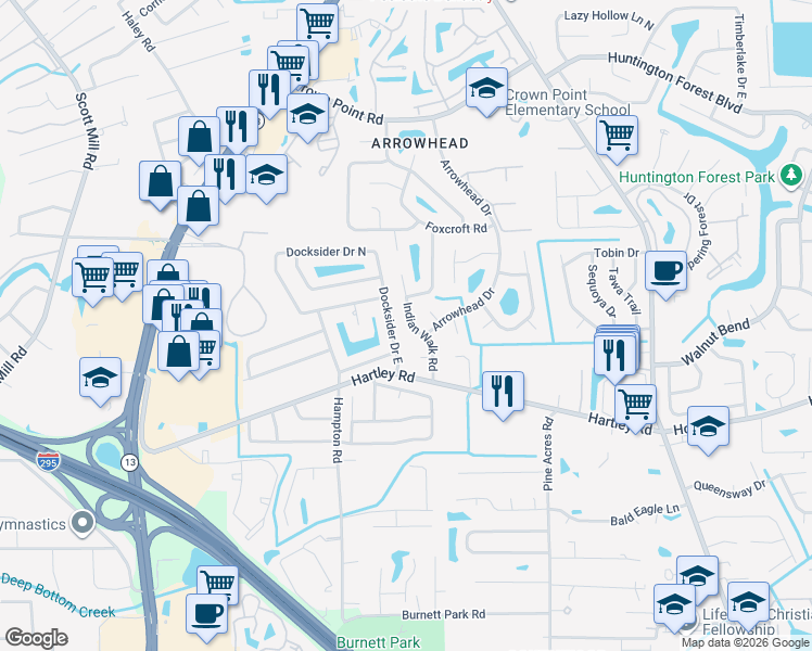 map of restaurants, bars, coffee shops, grocery stores, and more near 10451 Docksider Drive East in Jacksonville