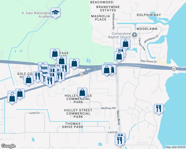 map of restaurants, bars, coffee shops, grocery stores, and more near 7889-7907 Holley Lane in Panama City