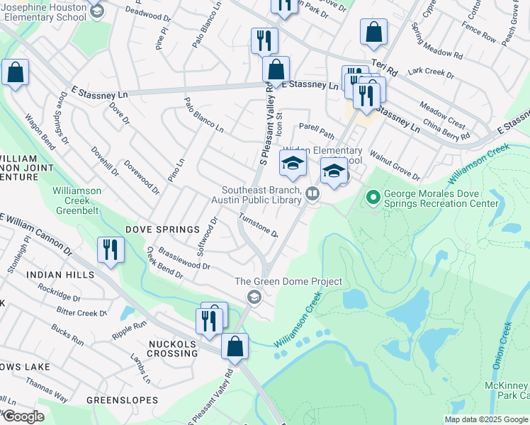 map of restaurants, bars, coffee shops, grocery stores, and more near 5923 Hidden Valley Trail in Austin