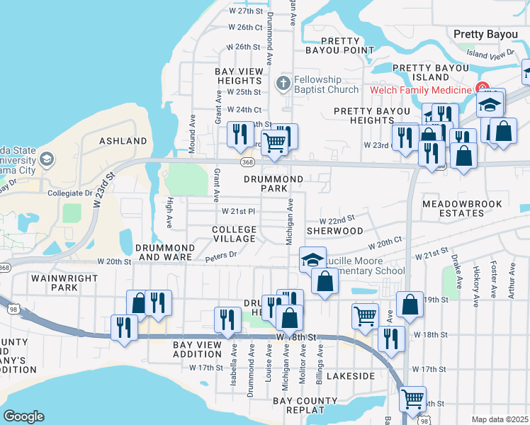 map of restaurants, bars, coffee shops, grocery stores, and more near 3713 West 21st Place in Panama City