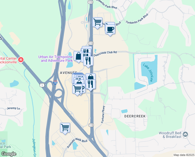 map of restaurants, bars, coffee shops, grocery stores, and more near 7406 Fullerton Street in Jacksonville