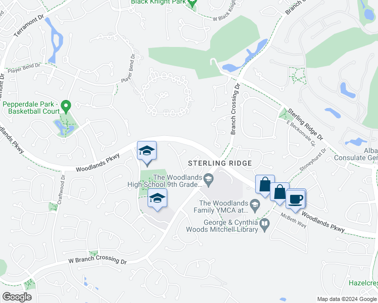 map of restaurants, bars, coffee shops, grocery stores, and more near 30 Stone Arrow Place in Spring