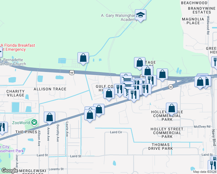 map of restaurants, bars, coffee shops, grocery stores, and more near Annabellas Court in Panama City Beach