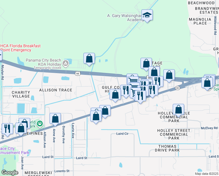 map of restaurants, bars, coffee shops, grocery stores, and more near 1862 Annabellas Drive in Panama City Beach