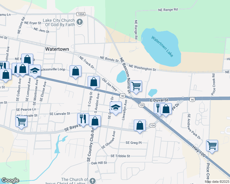 map of restaurants, bars, coffee shops, grocery stores, and more near 1949 East Duval Street in Lake City