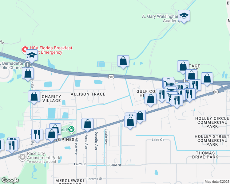 map of restaurants, bars, coffee shops, grocery stores, and more near 8501 Panama City Beach Parkway in Panama City Beach